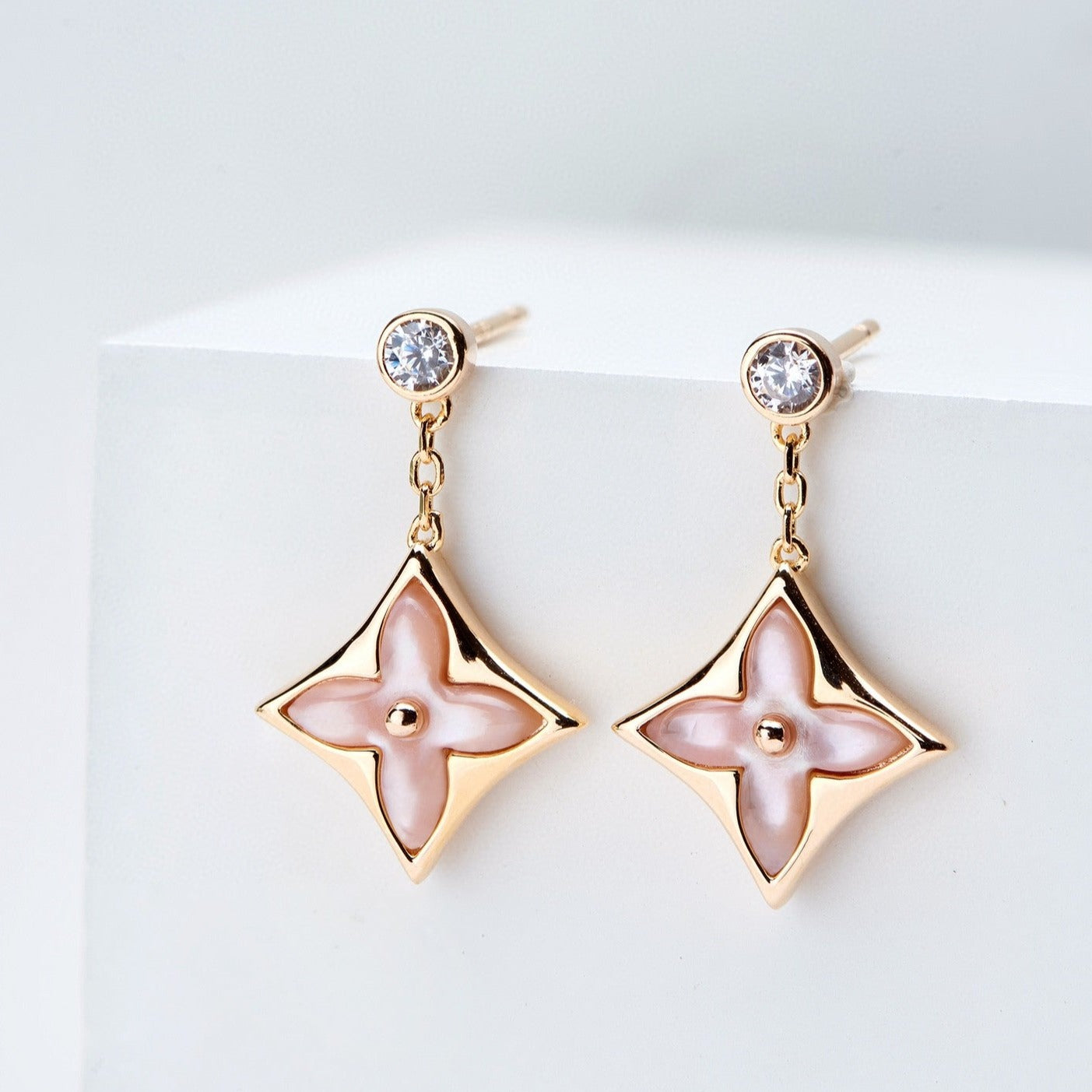 [BLUE TEARS]DOUBLE STAR PINK GOLD MOP DROP EARRINGS