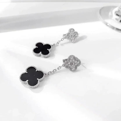 [BLUE TEARS]CLOVER 2 MOTIFS  DIAMOND ONYX EARRINGS SILVER