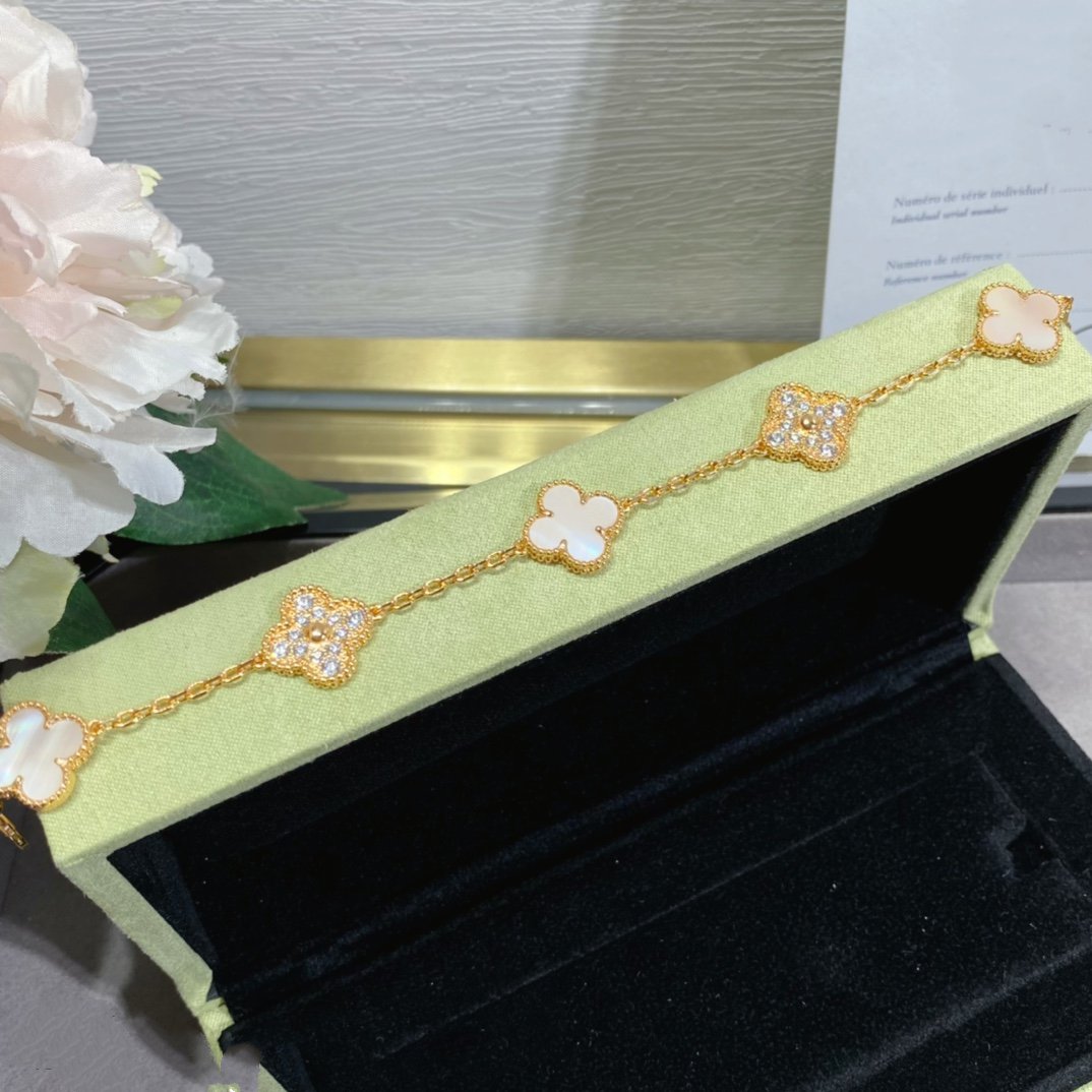 [BLUE TEARS]CLOVER 5 MOTIF DIAMOND PINK MOP PINK GOLD BRACELET