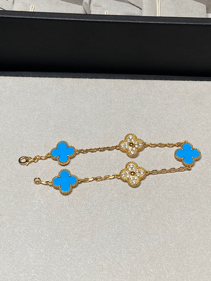 [BLUE TEARS]CLOVER 5 MOTIF BLUE CHALCEDONY DIAMOND GOLD BRACELET