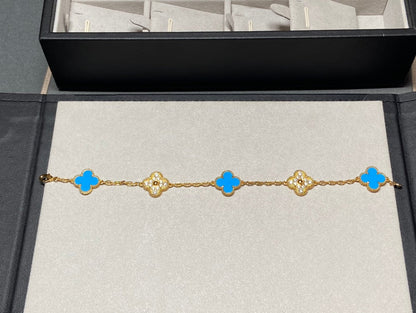 [BLUE TEARS]CLOVER 5 MOTIF BLUE CHALCEDONY DIAMOND GOLD BRACELET
