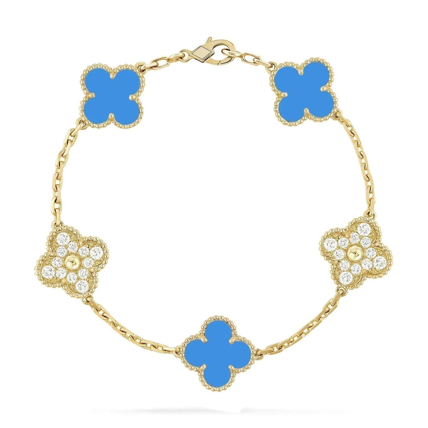 [BLUE TEARS]CLOVER 5 MOTIF BLUE CHALCEDONY DIAMOND GOLD BRACELET