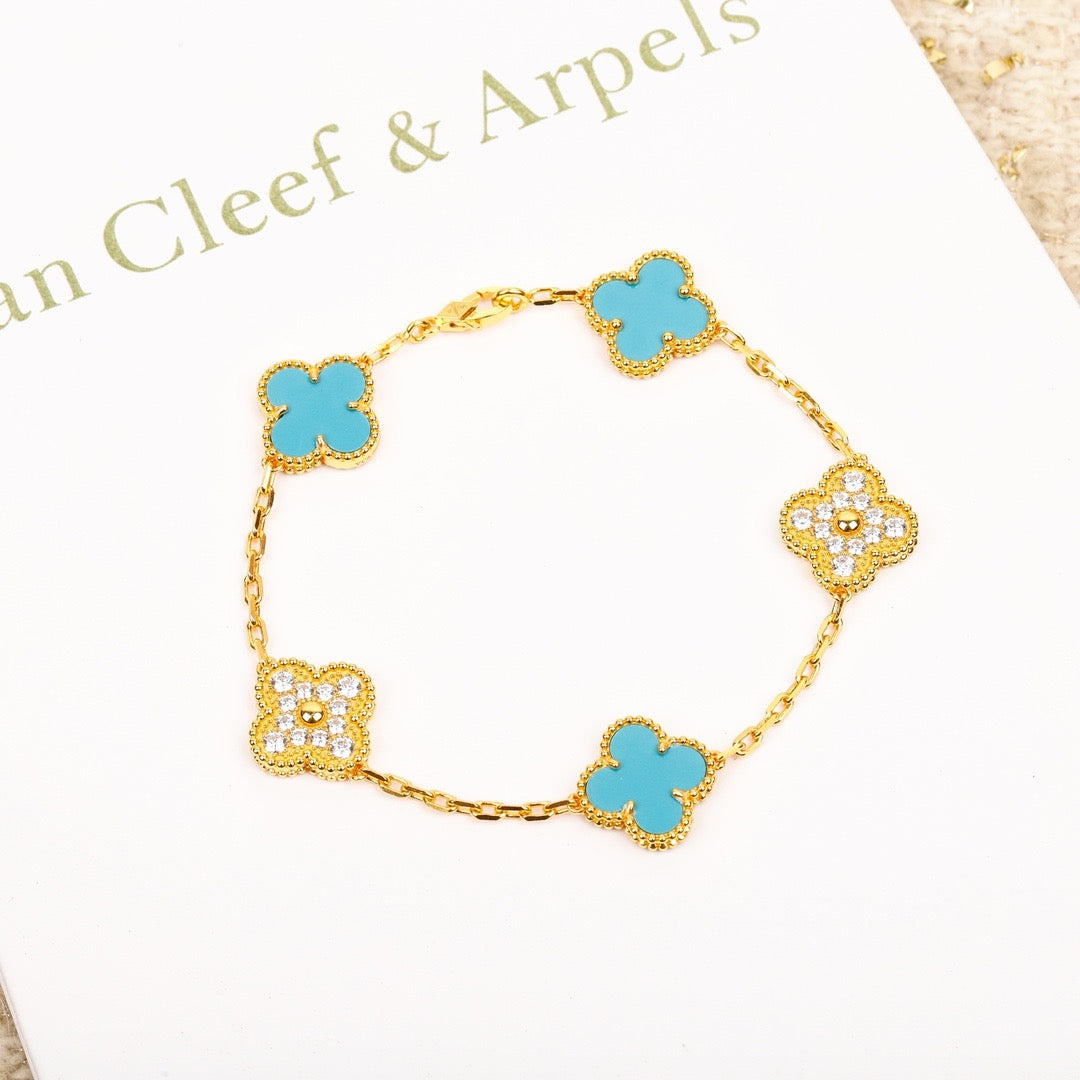 [BLUE TEARS]CLOVER 5 MOTIF TURQUOISE DIAMOND GOLD BRACELET
