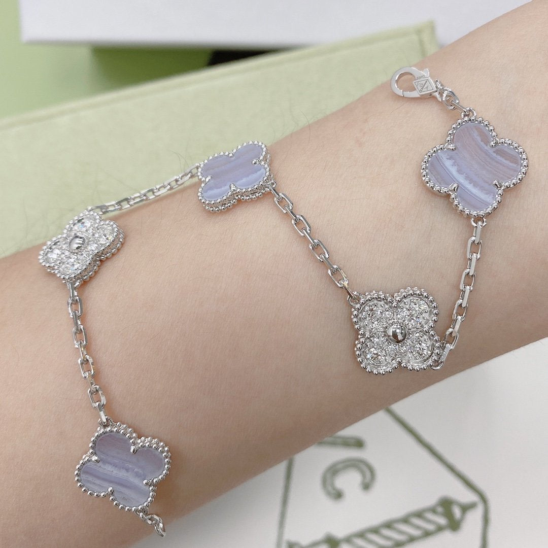 [BLUE TEARS]CLOVER  5 MOTIF DIAMOND PURPLE CHALCEDONY BRACELET SILVER
