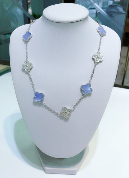 [BLUE TEARS]CLOVER 10 MOTIFS CHALCEDONY DIAMONDS SILVER NECKLACE