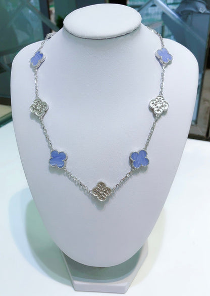 [BLUE TEARS]CLOVER 10 MOTIFS CHALCEDONY DIAMONDS SILVER NECKLACE