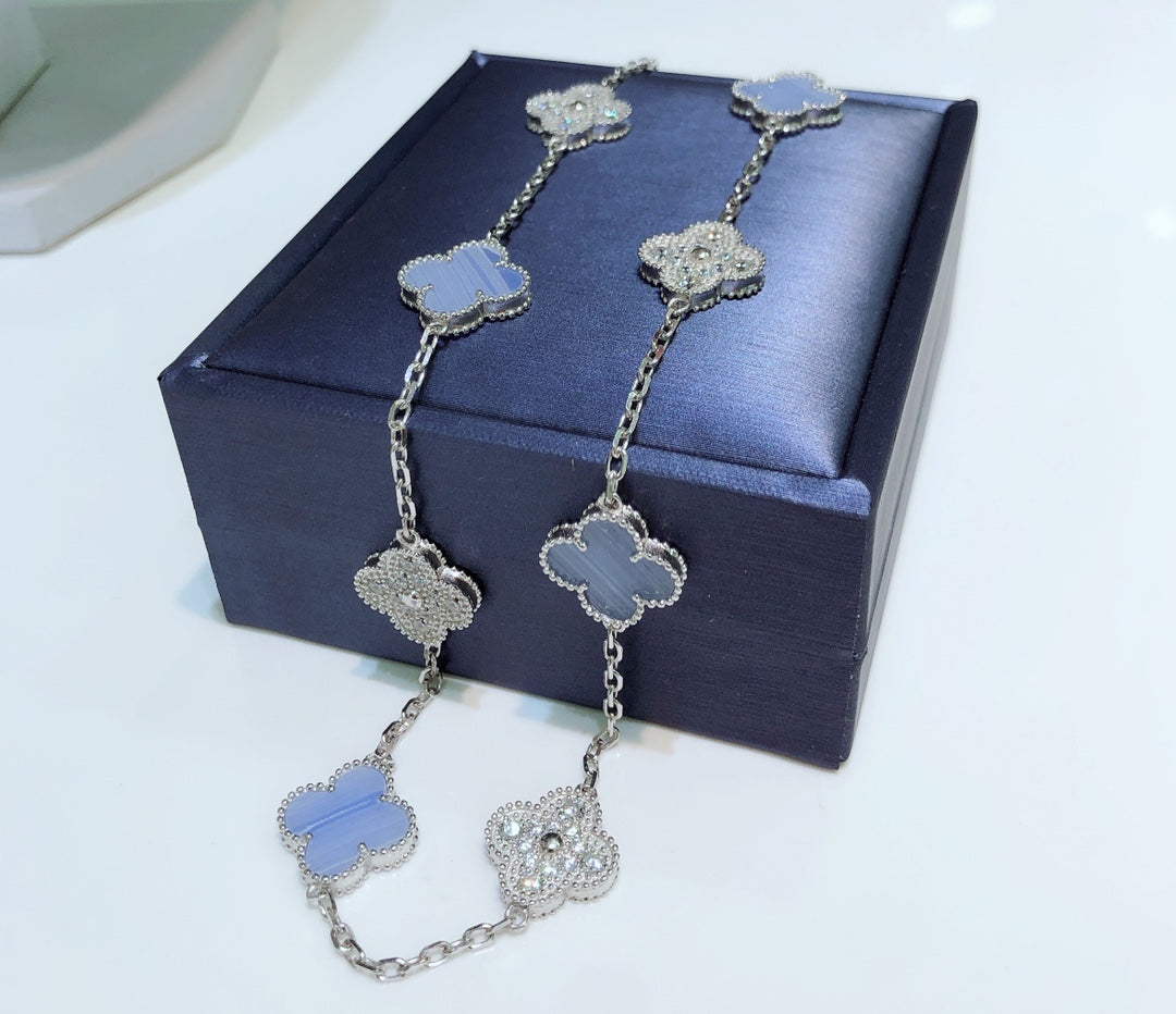 [BLUE TEARS]CLOVER 10 MOTIFS CHALCEDONY DIAMONDS SILVER NECKLACE
