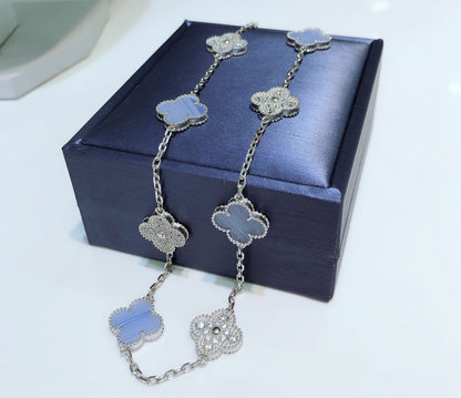 [BLUE TEARS]CLOVER 10 MOTIFS CHALCEDONY DIAMONDS SILVER NECKLACE